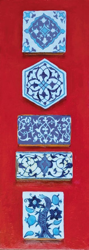azulejos painting on red background